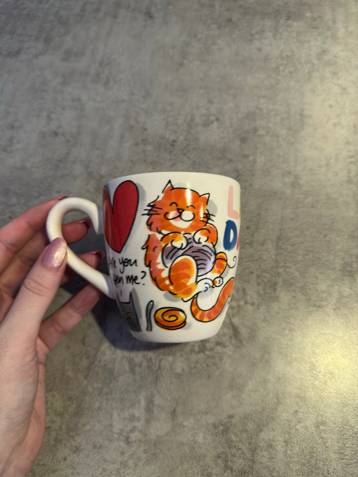 GEZOCHT mini mok Lazy Days Cat Blond Amsterdam, Gebruikt, Keramiek, Ophalen of Verzenden, Overige stijlen