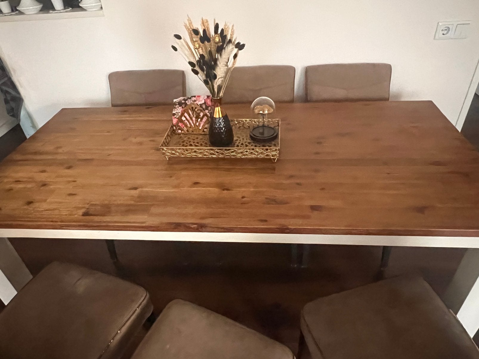 Originele acacia houten eettafel incl 6 comfortabele stoelen, Ophalen, Overige materialen, Gebruikt, 200 cm of meer