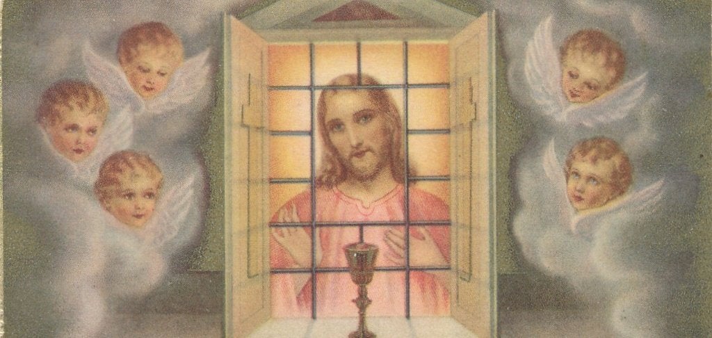 Mooi devotie prentje Jezus in tabernakel kelk en 5 Engeltjes, Ophalen of Verzenden, Zo goed als nieuw, Kaart of Prent