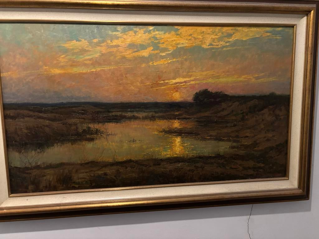Frans Slager (1876-1953) - Landschap bij zonsondergang, Ophalen of Verzenden