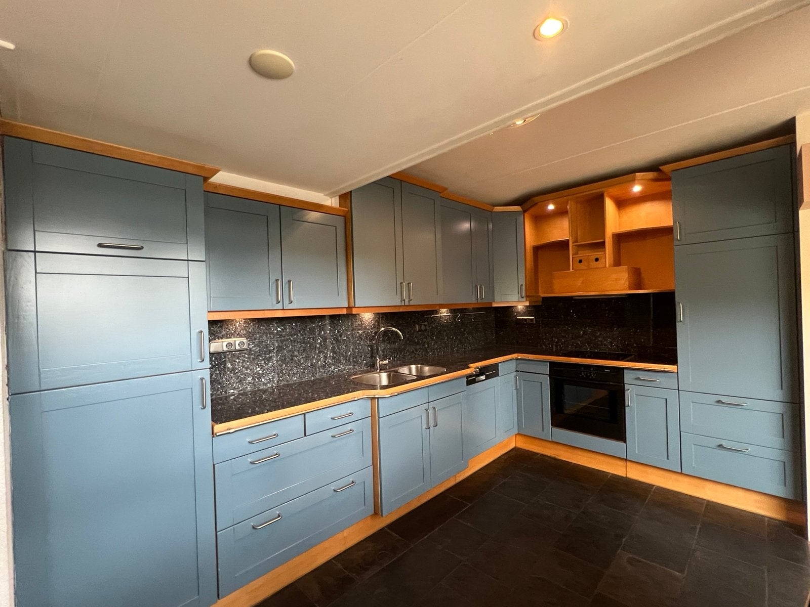 Keuken, eiken/maple, Ophalen, Gebruikt, Blauw, Hoekkeuken