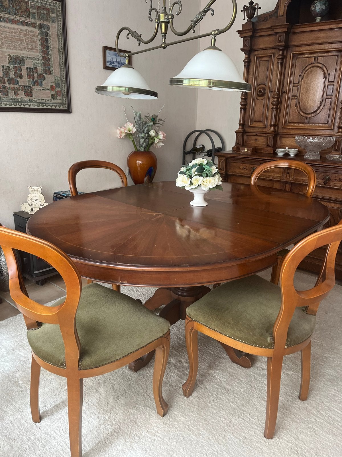Klassieke uitschuifbare eettafel met 6 stoelen, Ophalen, Gebruikt, 6 tot 8 stoelen