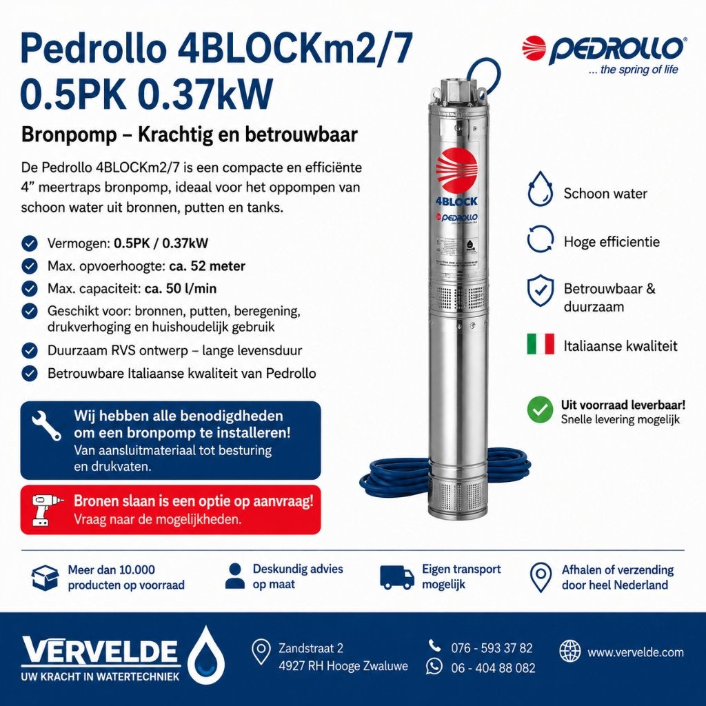 Pedrollo 4BLOCKm2/7 Bronpomp 0.5PK (0.37kW) |, Tuin en Terras, Waterpompen, Vervelde, Nieuw, Ophalen of Verzenden, Zandstraat 2 4927 RH Hooge Zwaluwe