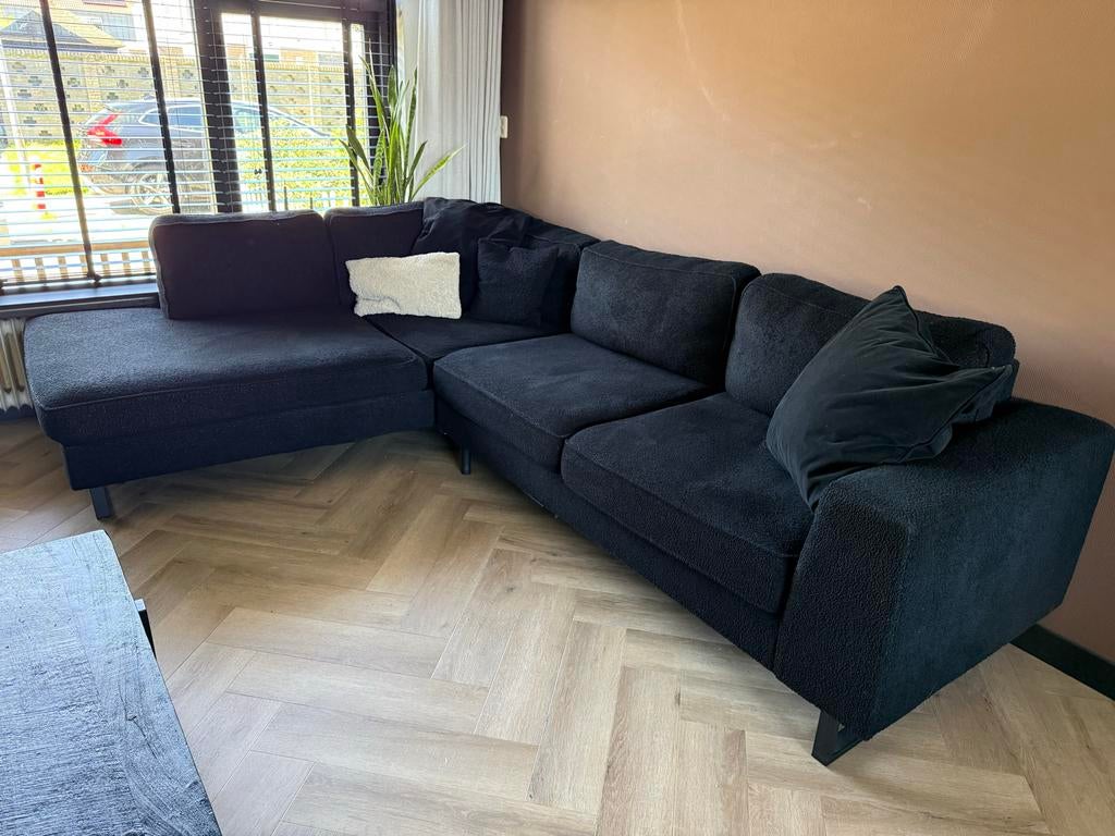 Zwarte Teddy Hoekbank / Loungebank - Luxe uitstraling, Ophalen of Verzenden, Gebruikt, Stof