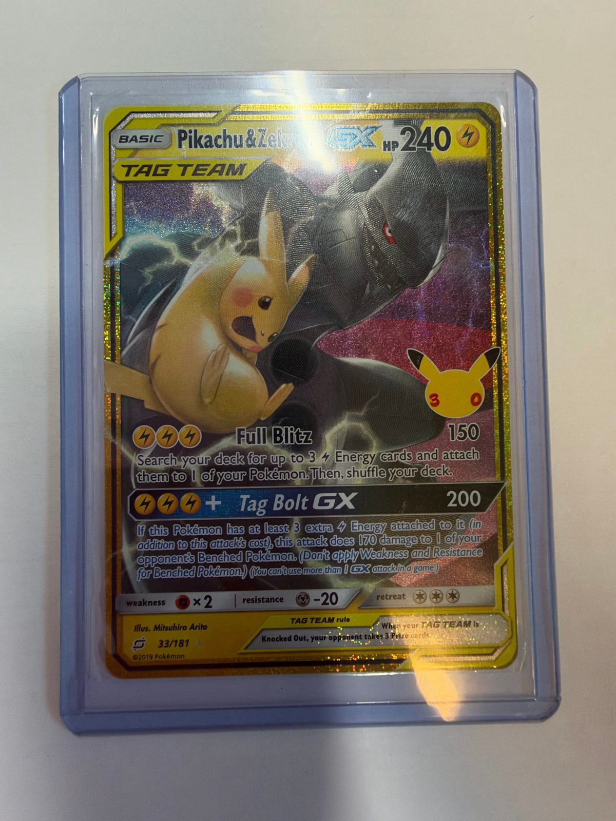 Pikachu & Zekrom GX TAG TEAM Pokémon 30th celebration kaart, Ophalen of Verzenden, Zo goed als nieuw, Losse kaart, Foil