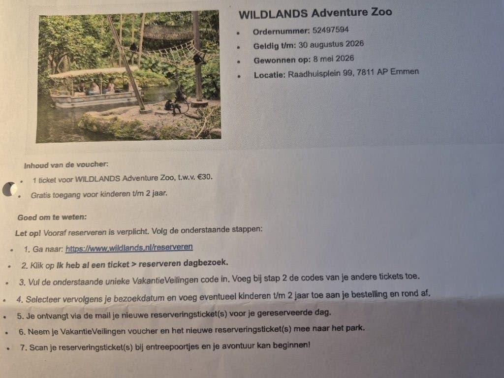 ticket wildland adventure zoo emmen, Tickets en Kaartjes, Eén persoon, Ticket of Toegangskaart