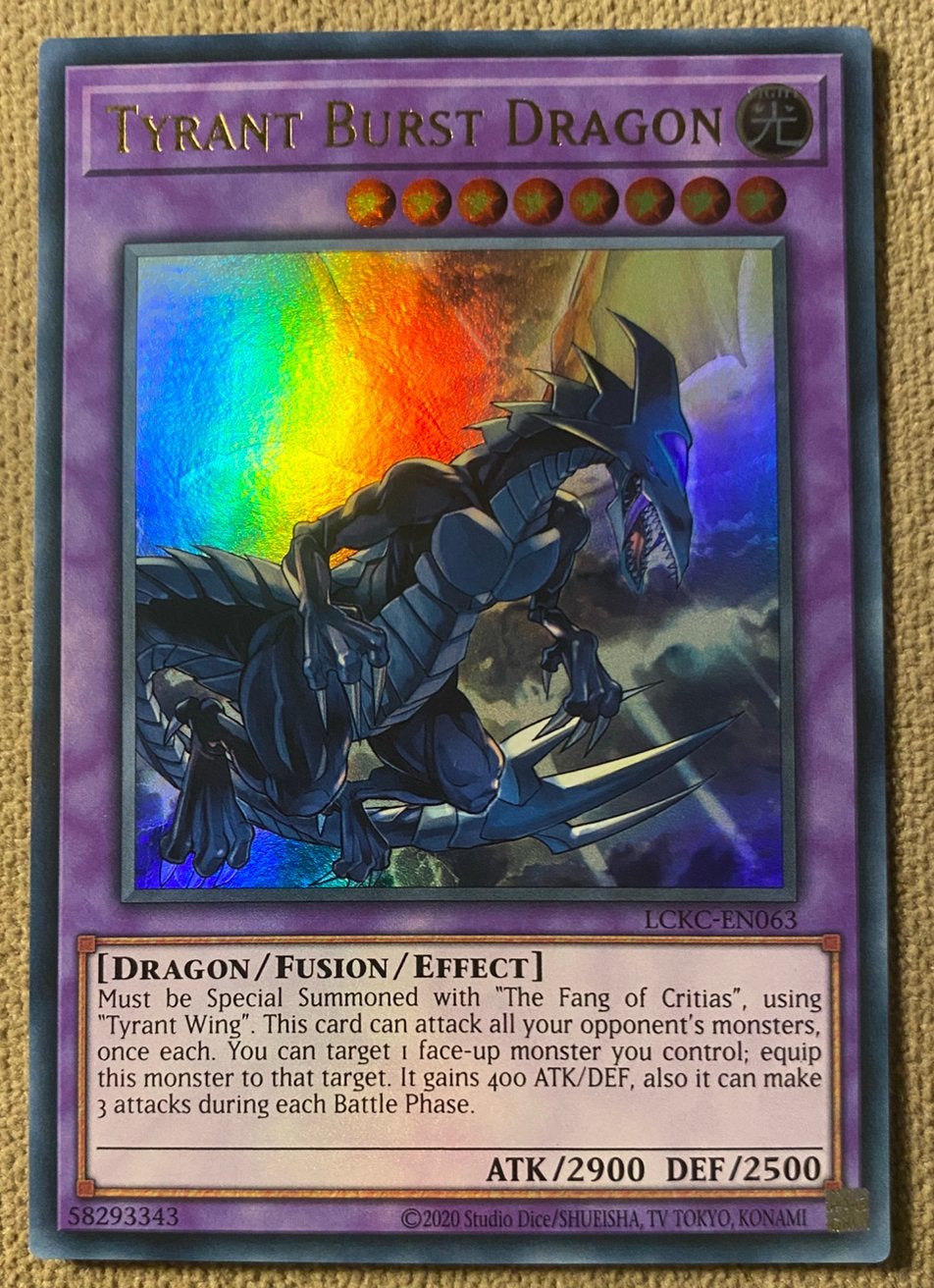 Yu-Gi-Oh! Tyrant Burst Dragon LCKC Print !, Ophalen of Verzenden, Zo goed als nieuw, Losse kaart, Foil