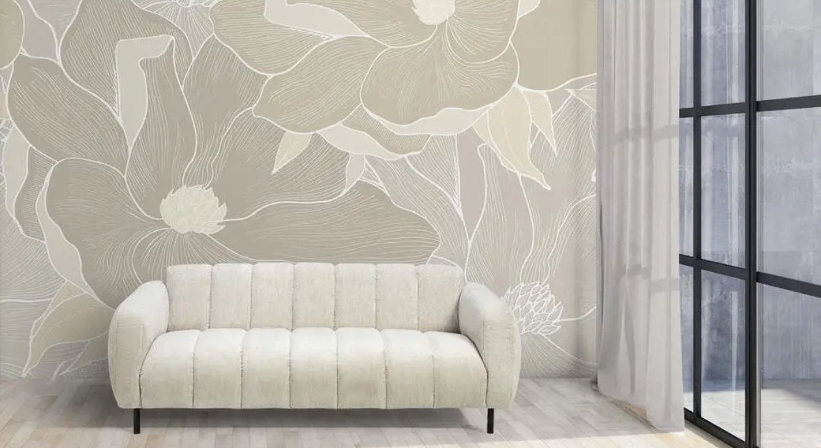 Fotobehang Rosie Kwantum - Bloemenpatroon Beige/Wit, Huis en Inrichting, Bloemen, Overige merken, Beige, Ophalen of Verzenden