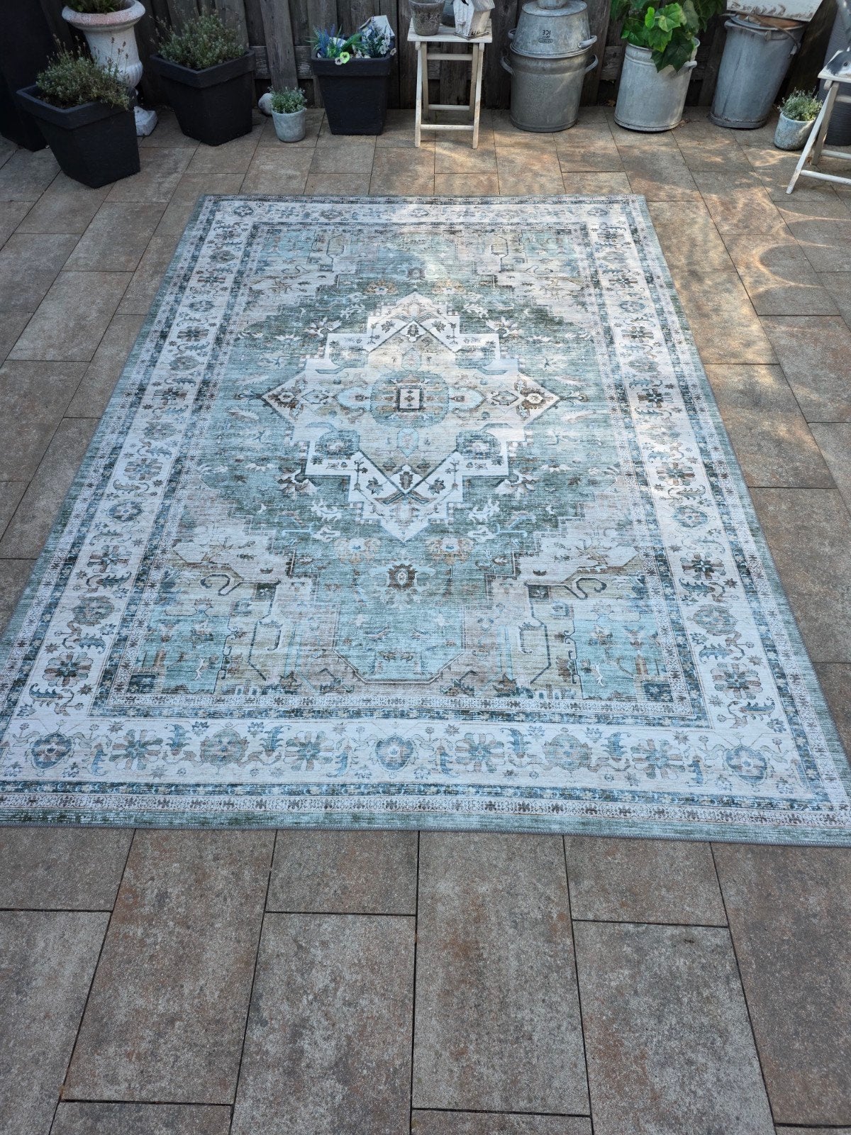 Vintage Vloerkleed - Groen/Blauw Medaillon Patroon, Huis en Inrichting, Ophalen, Vintage, Medaillon, Oosters, 150 tot 200 cm, 200 cm of meer