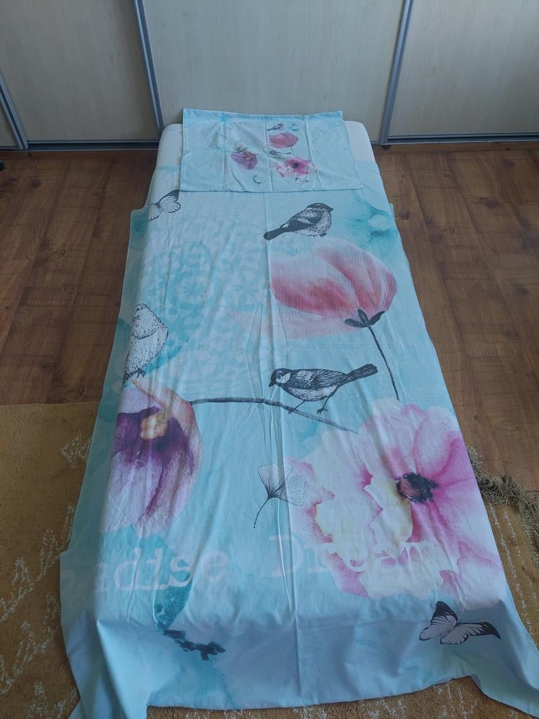 Dekbedovertrek eenpersoons met vogel- en bloemenprint, Ophalen of Verzenden, Eenpersoons, Dekbedovertrek