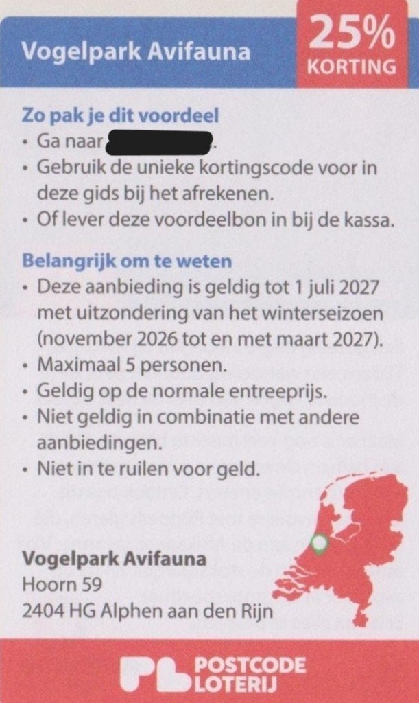 Vogelpark Avifauna, Alphen aan den Rijn. 25% korting., Eén persoon, Kortingskaart