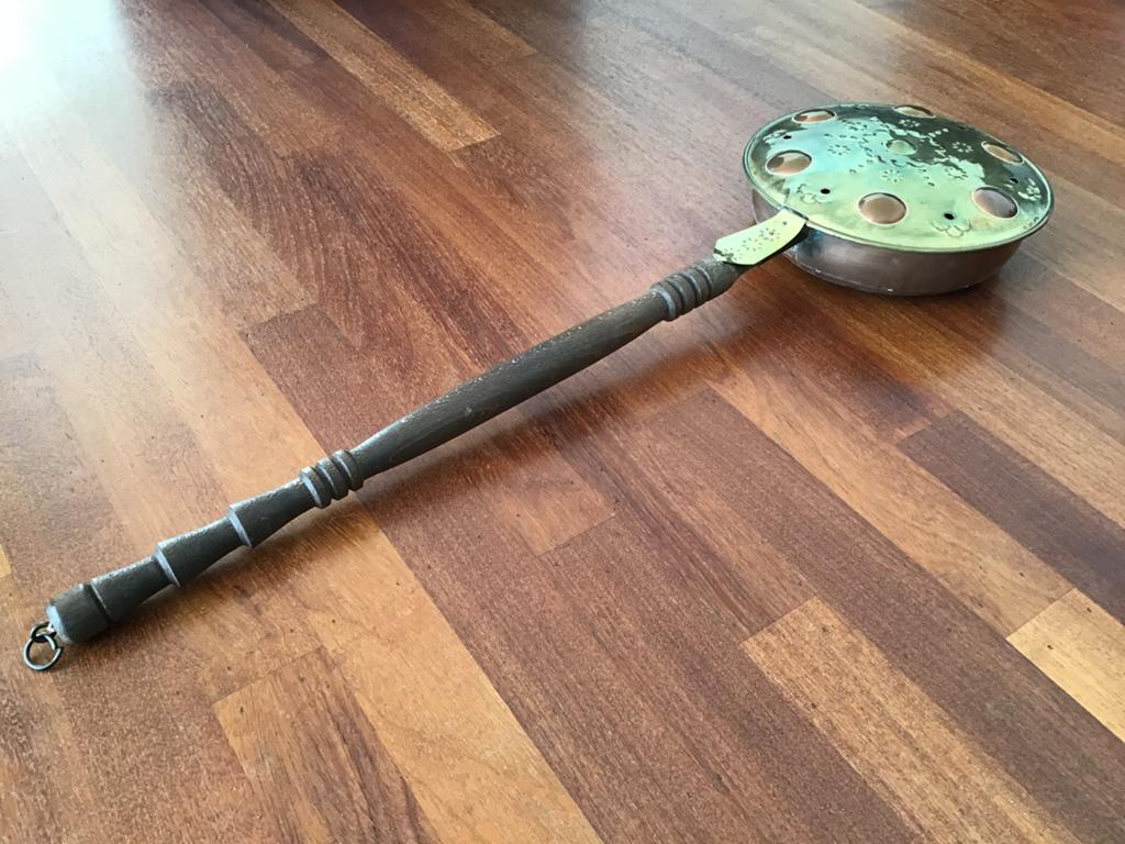 Antieke Koperen Beddenpan met Houten Handvat, Ophalen, Koper