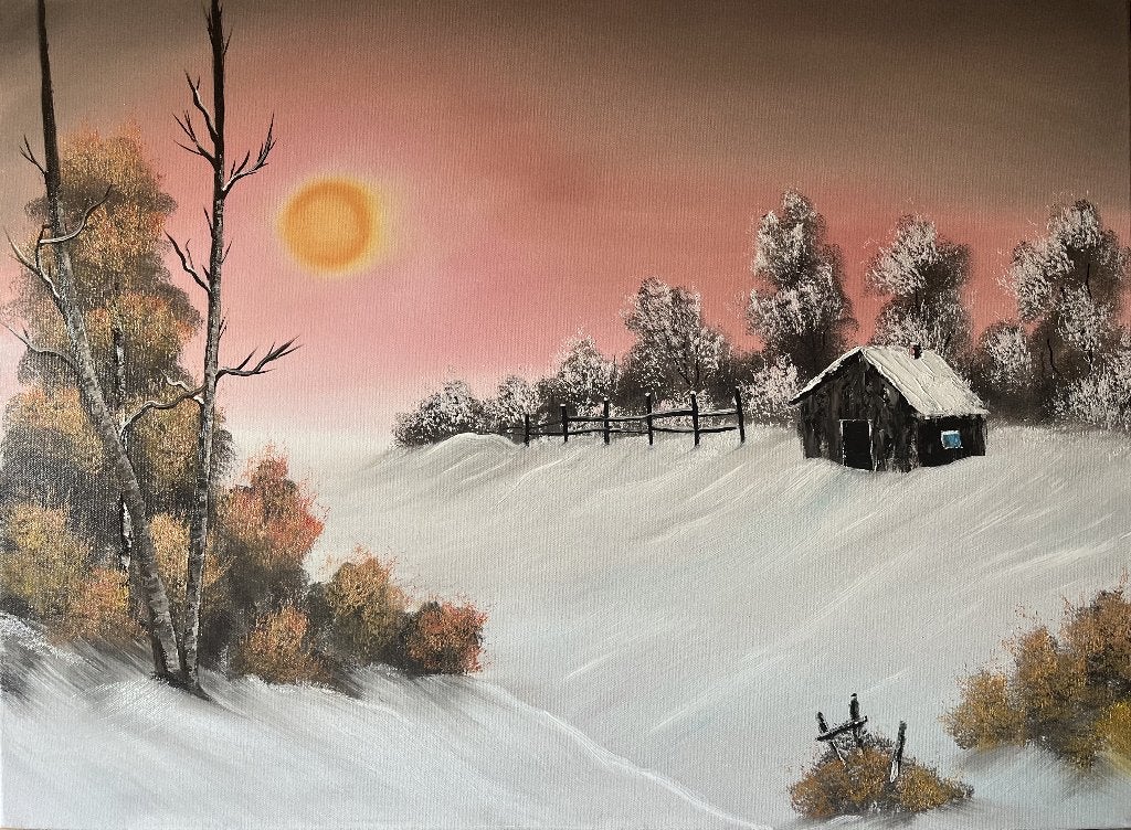 Bob Ross - Warm Winter Day - Handgeschilderd - 55x75, Olieverf, Overige materialen, Met textuur, Landschap