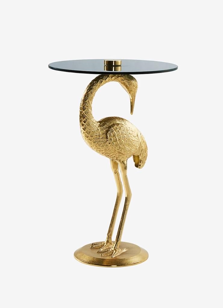 Gouden Kraanvogel Bijzettafel met Glazen Blad: Galapagos, Ophalen, Zo goed als nieuw, Glas, 50 tot 75 cm
