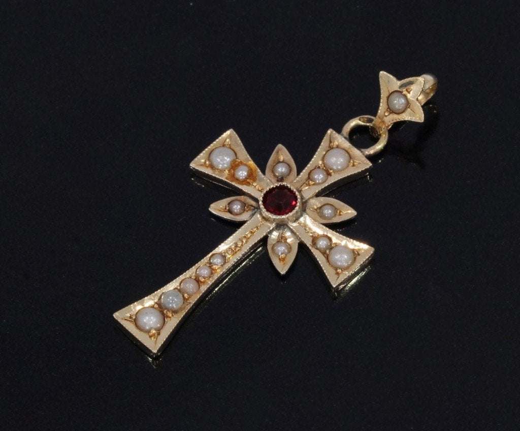 Kruis fraaie 14k gouden ketting hanger antiek parels granaat