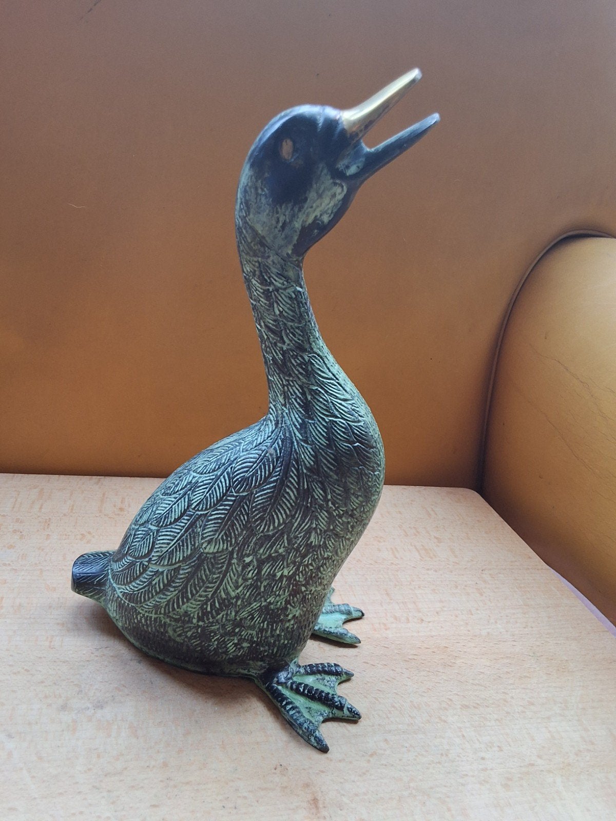 Vintage bronzen eend beeld 23cm hoog, Ophalen of Verzenden, Brons