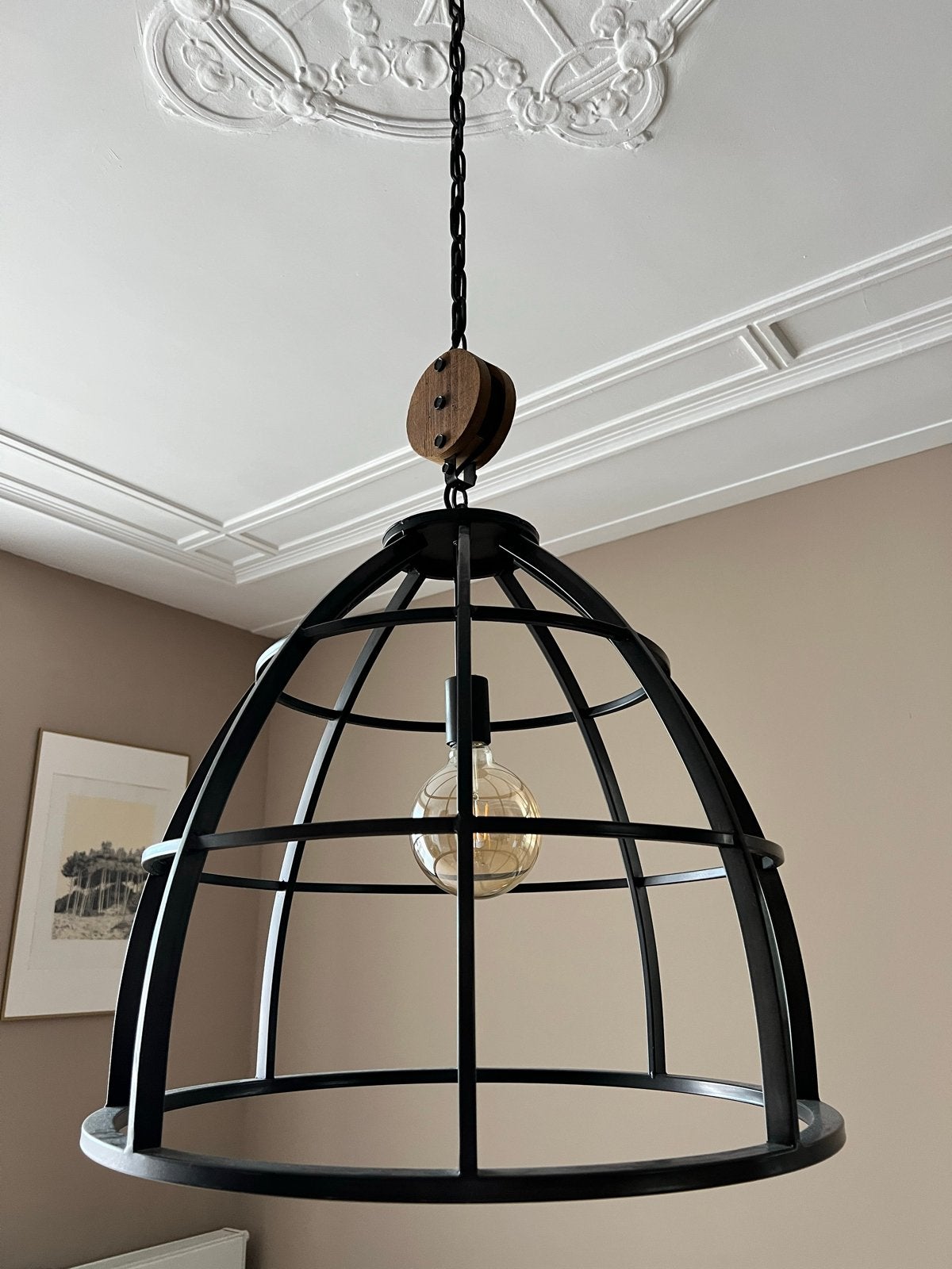 Industriële hanglamp met katrol - Zwart metaal, Ø 60 cm, Ophalen, E27 (groot), Zo goed als nieuw, Metaal