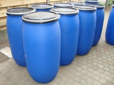 Blauwe vaten,tonnen van 160 L met deksel en klemring, 150 liter of meer, Ophalen, Zo goed als nieuw, Kunststof