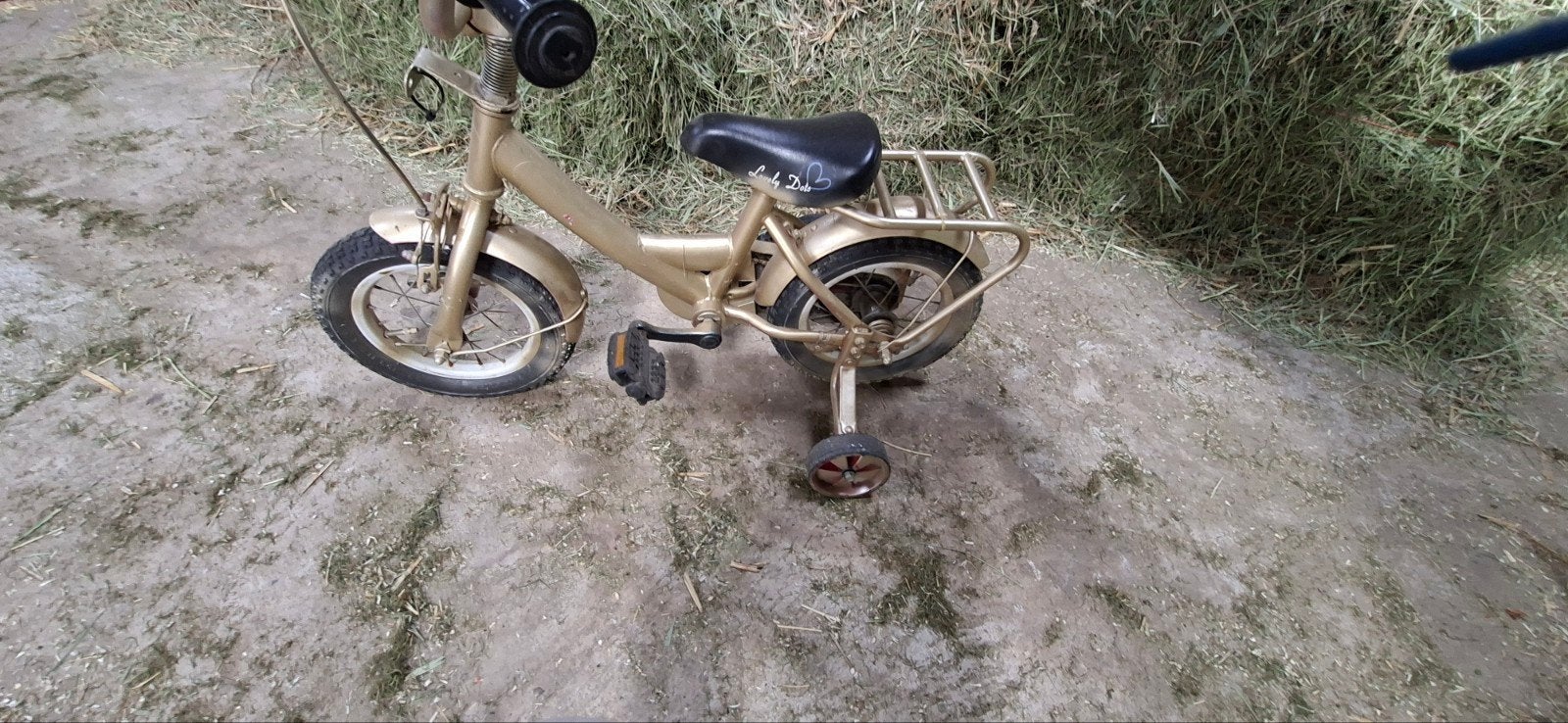 gouden kinderfiets met zijwieltjes, Ophalen of Verzenden, Gebruikt, Minder dan 14 inch, Overige merken