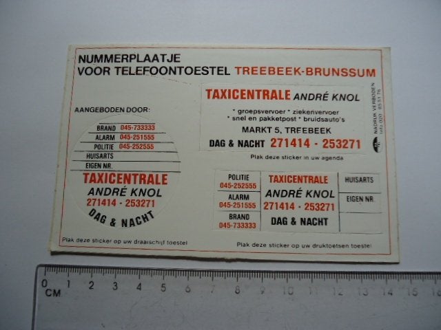 sticker oud Brunssum Treebeek Telefoon VEL Andre Knol taxi, Verzenden, Zo goed als nieuw, Bedrijf of Vereniging