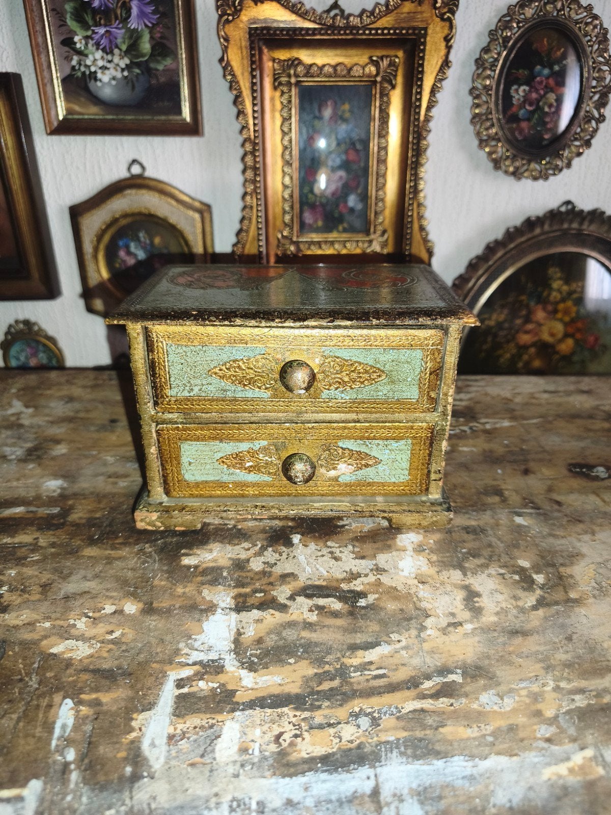 Oud florentijns Italiaans miniatuur lade kastje H24, Antiek en Kunst, Curiosa en Brocante, Ophalen of Verzenden
