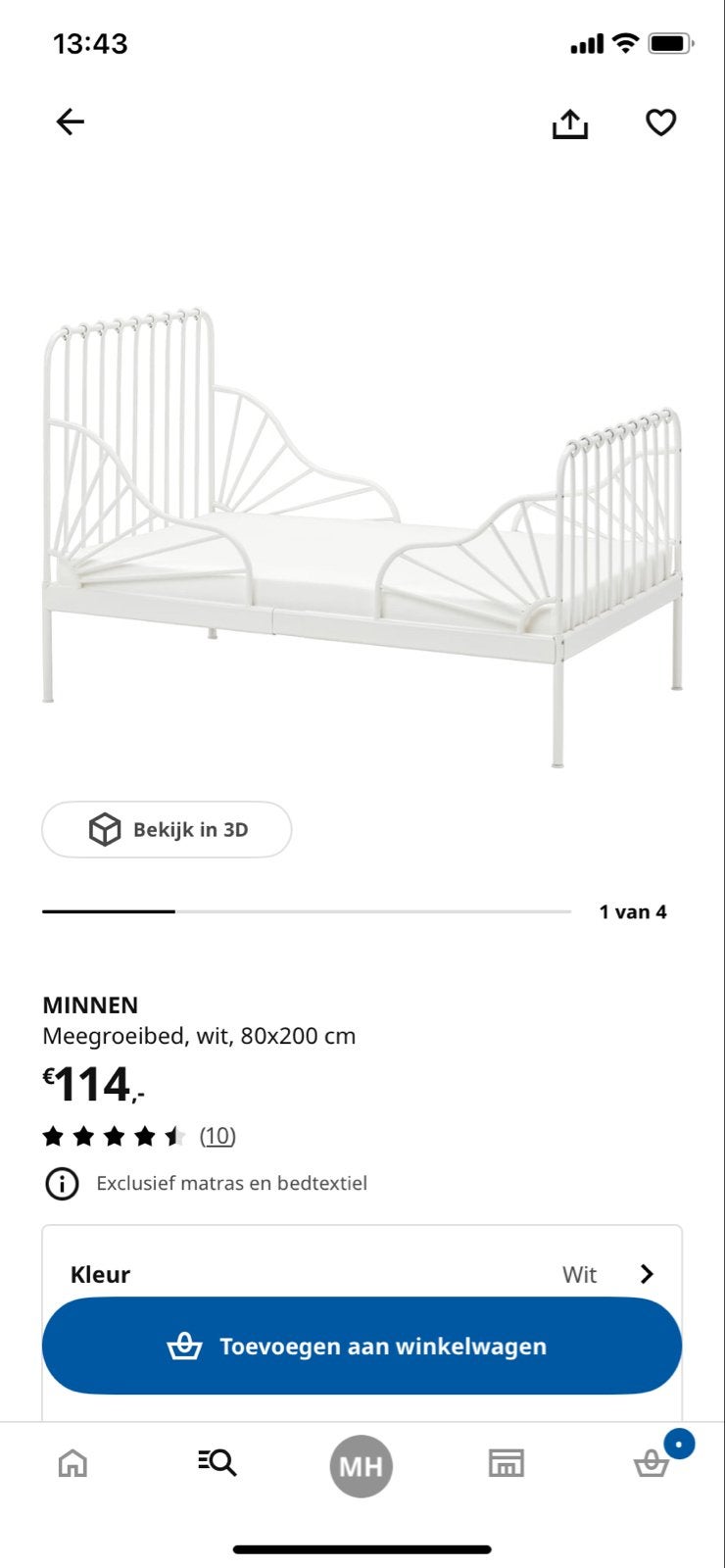 IKEA MINNEN meegroeibed wit - verstelbaar vanaf peuter, Ophalen, Eenpersoons, Wit, 80 cm