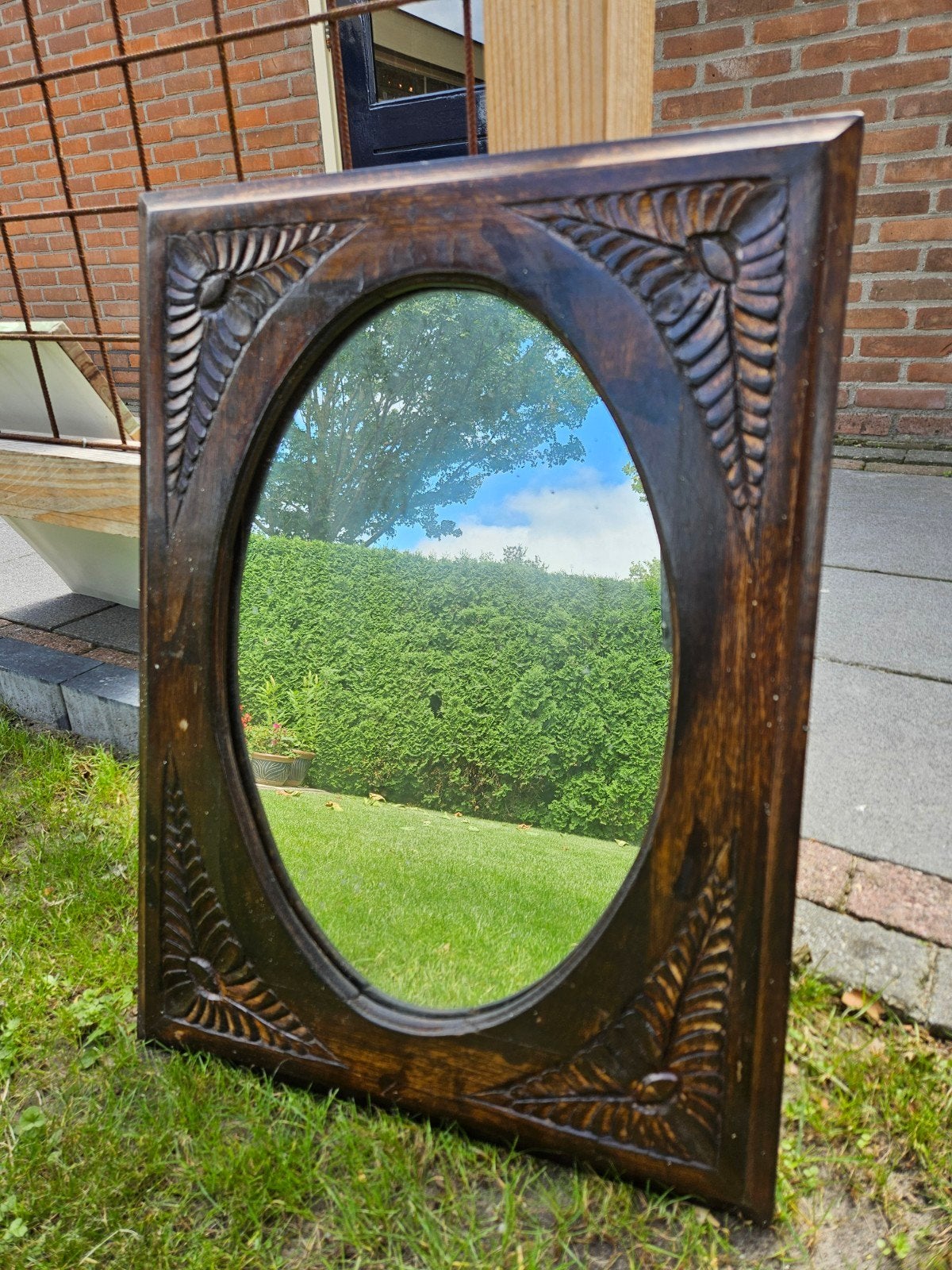 Antieke spiegel met ovaal facet geslepen glas, Antiek en Kunst, Ophalen, Rechthoekig