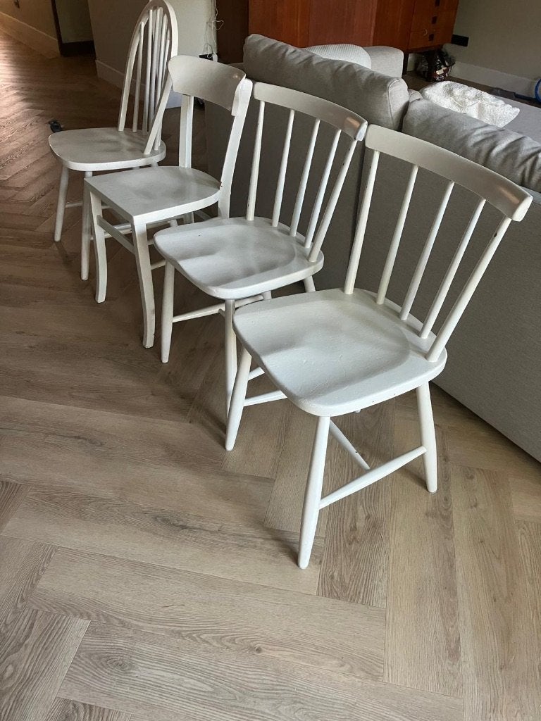 4x houten vintage eetkamerstoelen (wit gelakt), Ophalen, Gebruikt, Wit, Vier
