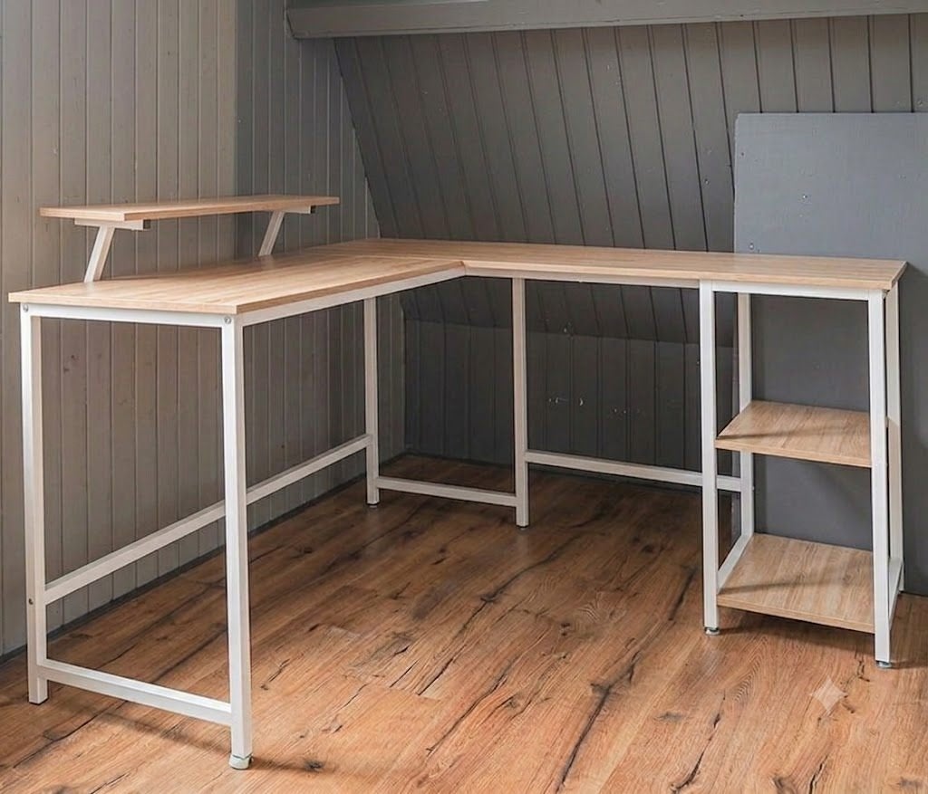 Hoek bureau hout met wit, Ophalen, Gebruikt, Demontabel, 145 cm