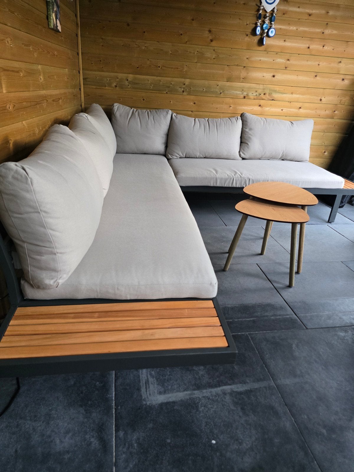 Moderne loungeset met aluminium frame en teakhouten details, Ophalen, 5 zitplaatsen, Gebruikt, Aluminium