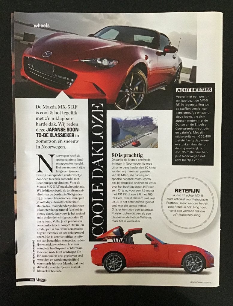 Advertentie van Mazda MX-5 RF. Uitgave 2017. Gratis., Verzenden, 1980 tot heden, Nederland, Knipsel(s)