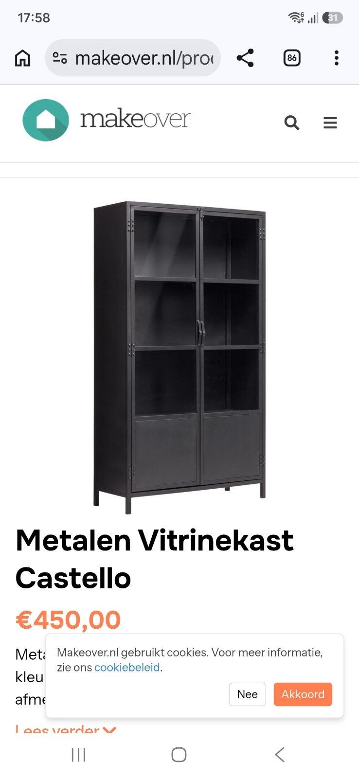 Metalen vitrinekast Castello, Ophalen, 50 tot 100 cm, Zo goed als nieuw, Glas