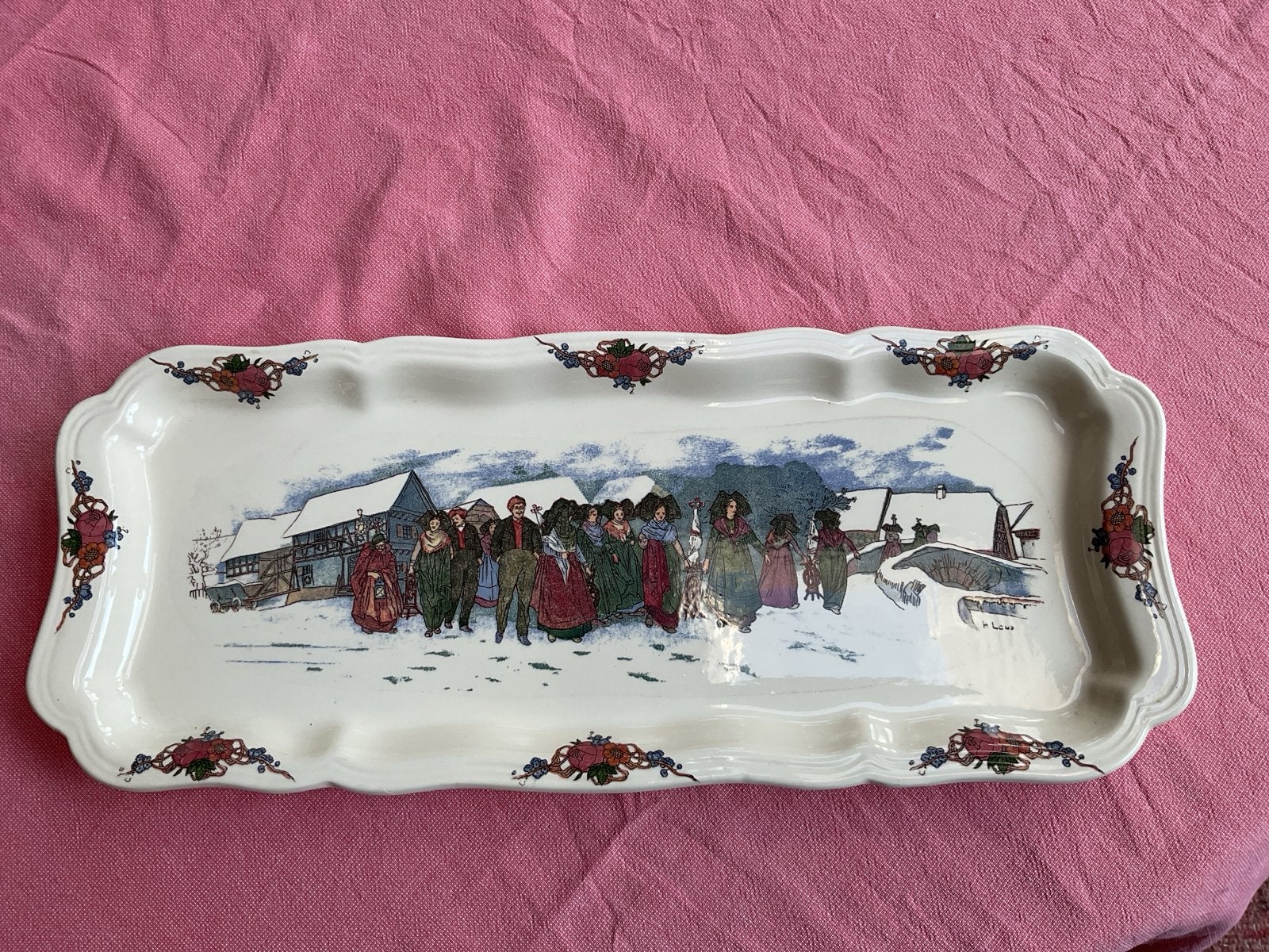Vintage cakeschaal Sarreguemines met Wintertafereel, Ophalen of Verzenden