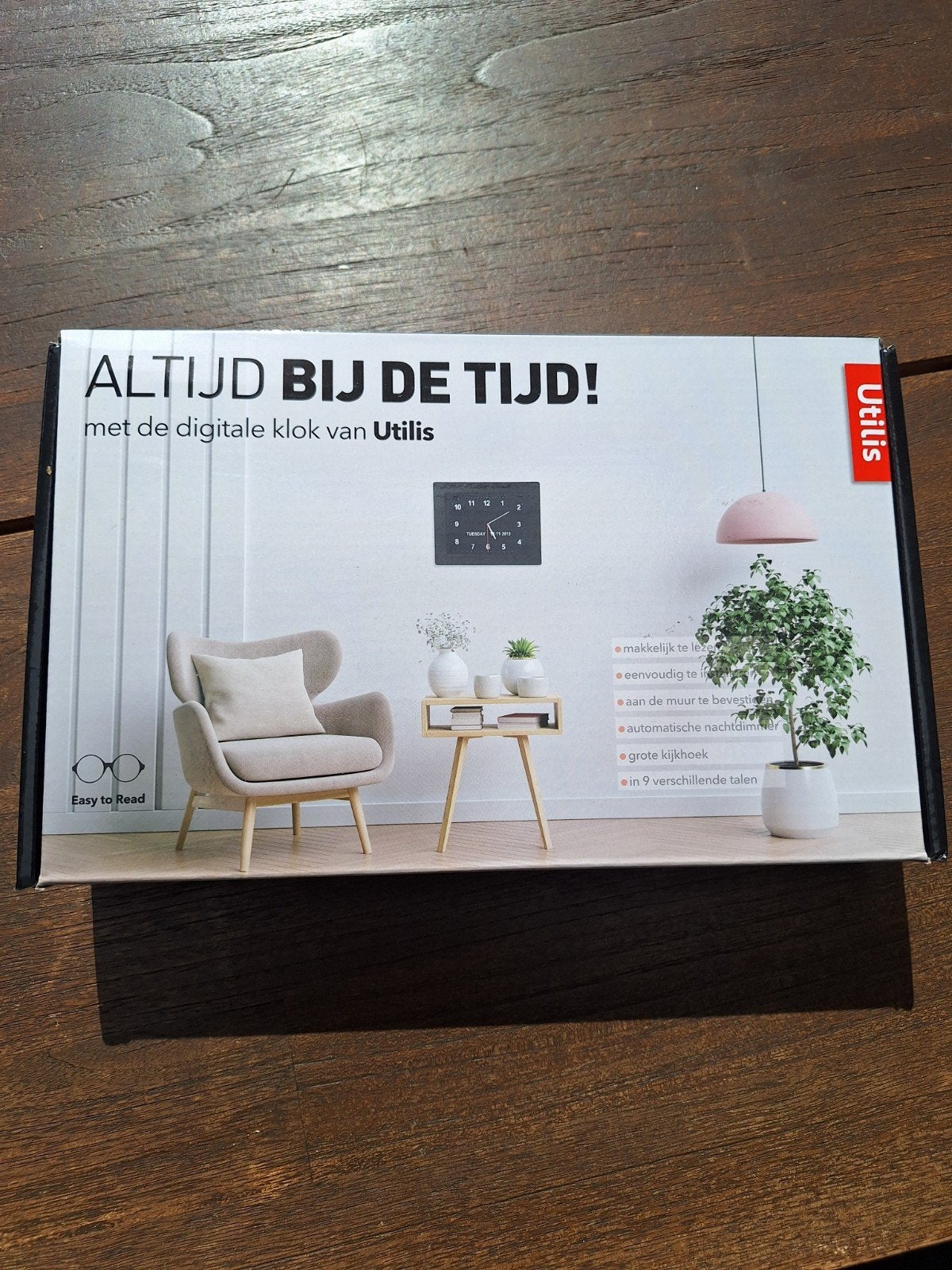 Digitale kalenderklok Utilis, Huis en Inrichting, Wandklok, Ophalen of Verzenden, Zo goed als nieuw, Kalenderfunctie