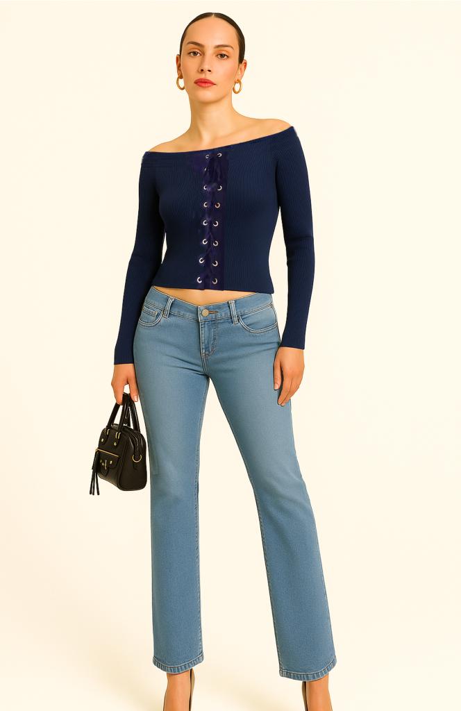NIEUW Trui met carmenhals kleur: donkerblauw,1 maat (34/38), Kleding | Dames, Maat 38/40 (M), Blauw, Nieuw, SHK mode