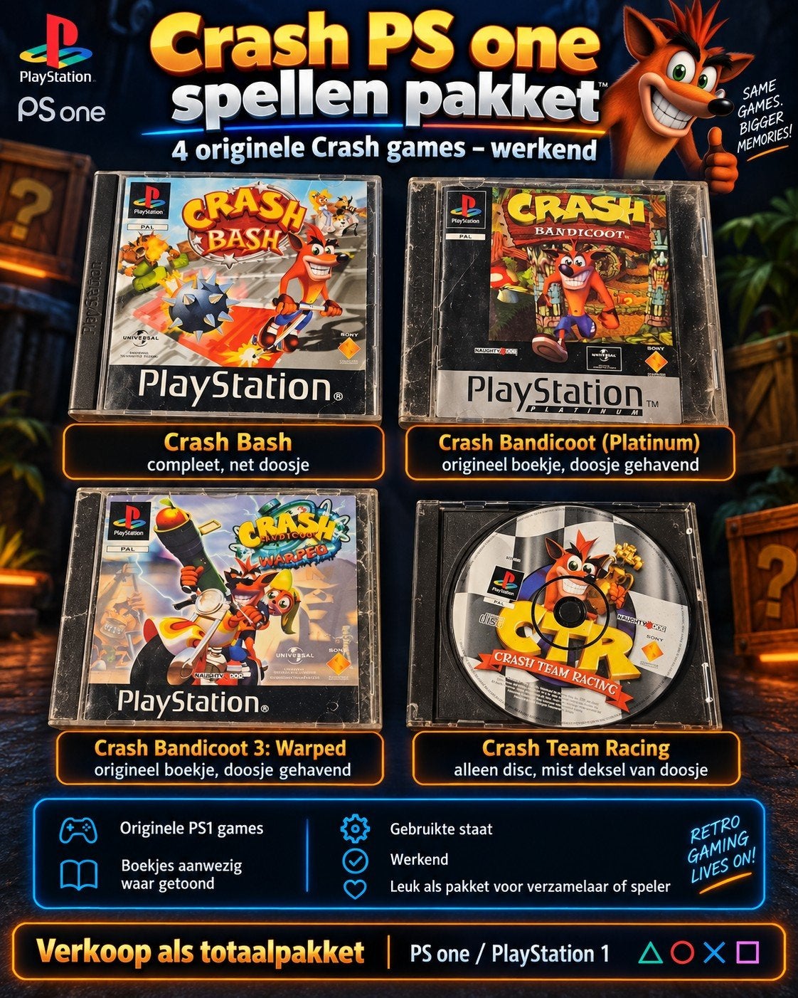 Crash Bandicoot PS1 Spellen Pakket - 4 Originele Games, Gebruikt, Eén computer, Ophalen of Verzenden, Platform