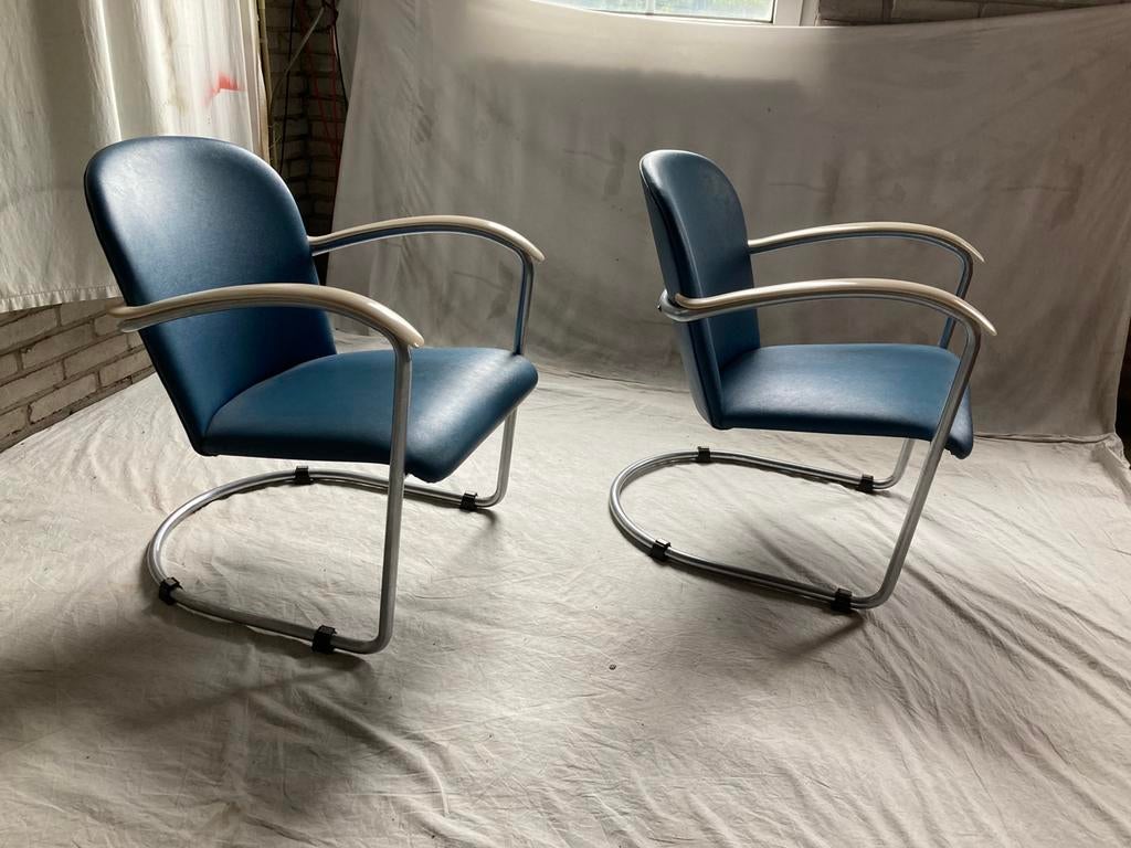 2 Vintage Chroom Gispen Model 414 Jaren '50 Fauteuils Blauw, Ophalen, Minder dan 75 cm, Gispen Culemborg, Zo goed als nieuw