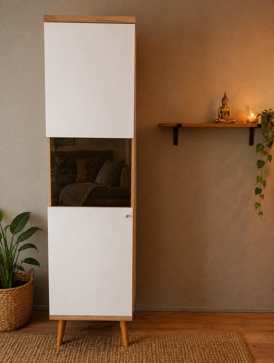Scandinavische Luxe hoge kast Hout/ Wit/ Glas, Huis en Inrichting, Kasten | Boekenkasten, Minder dan 50 cm, Modern, Scandinavisch