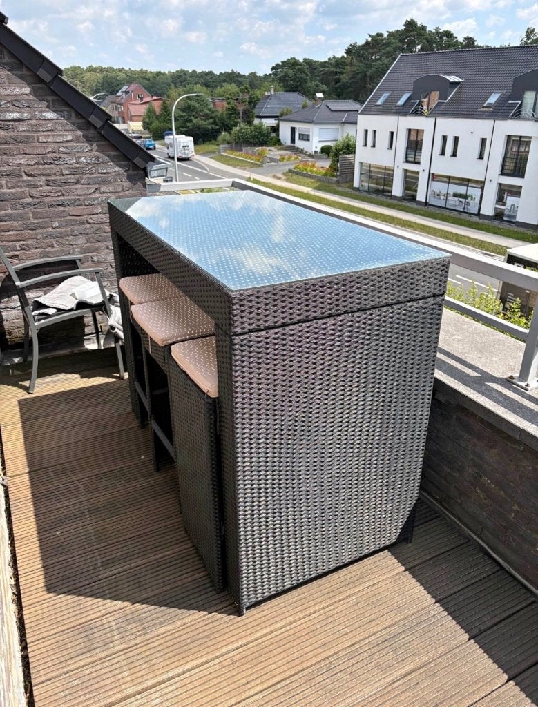 Hoge tuintafel met glas + 6krukken met kussens, Tuin en Terras, Ophalen, Zo goed als nieuw, Rechthoekig, Aluminium