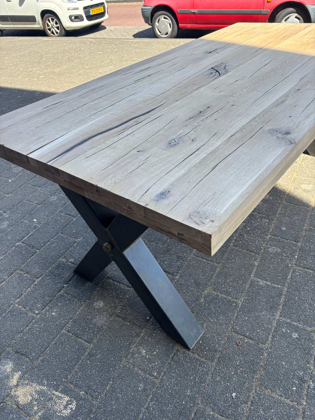 Geschuurd eiken tafelblad plus poten 2x1meter, 100 tot 150 cm, 200 cm of meer, Ophalen of Verzenden, Zo goed als nieuw