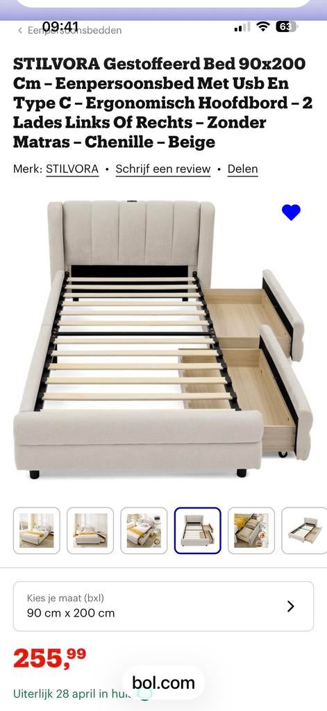 Stilvora bed 90x200, Ophalen, 90 cm, Eenpersoons, Beige