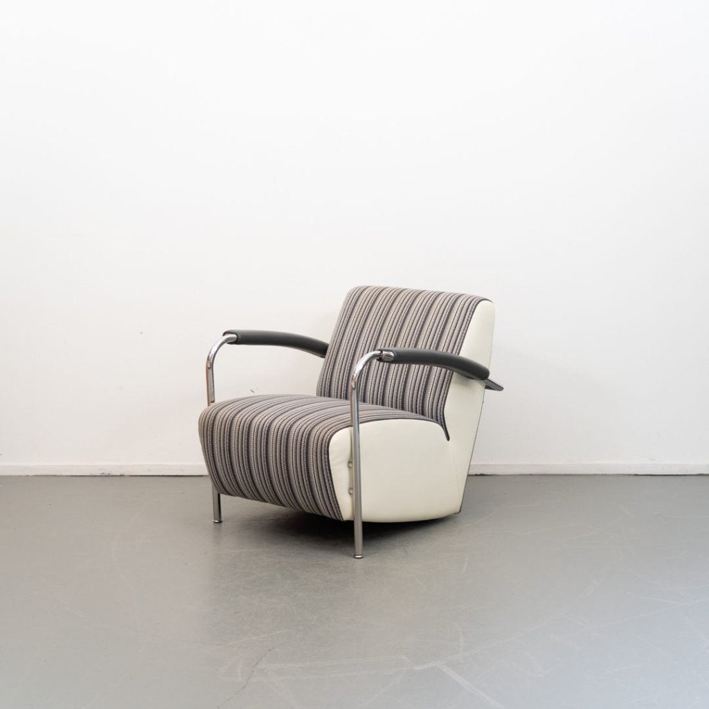 Leolux Scylla Laag Fauteuil Gestreept Stof/Wit Leer, Niet ingevuld, Leolux, Niet ingevuld, 75 tot 100 cm