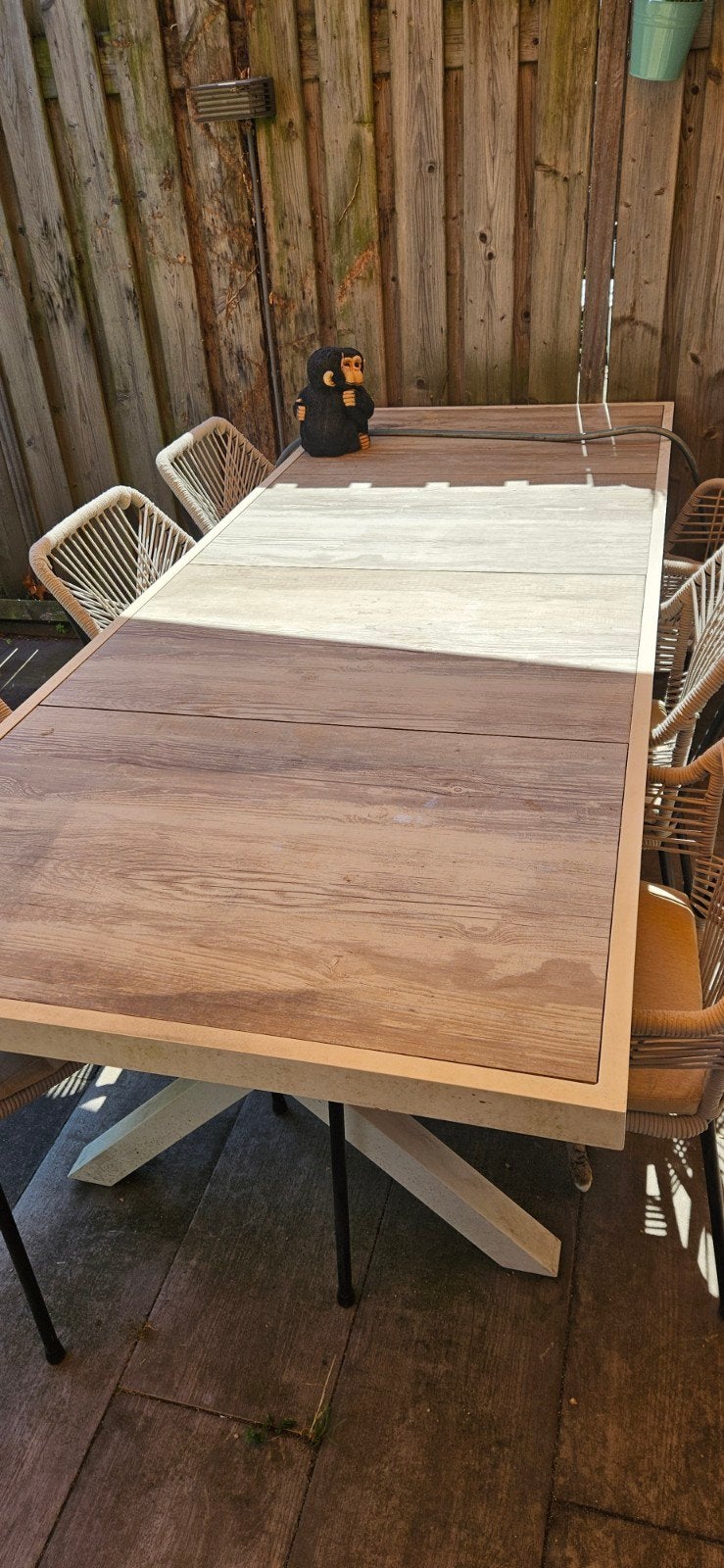 Grote tuintafel met houtlook blad en stevig onderstel, Tuin en Terras, Ophalen, Gebruikt, Rechthoekig, Hout
