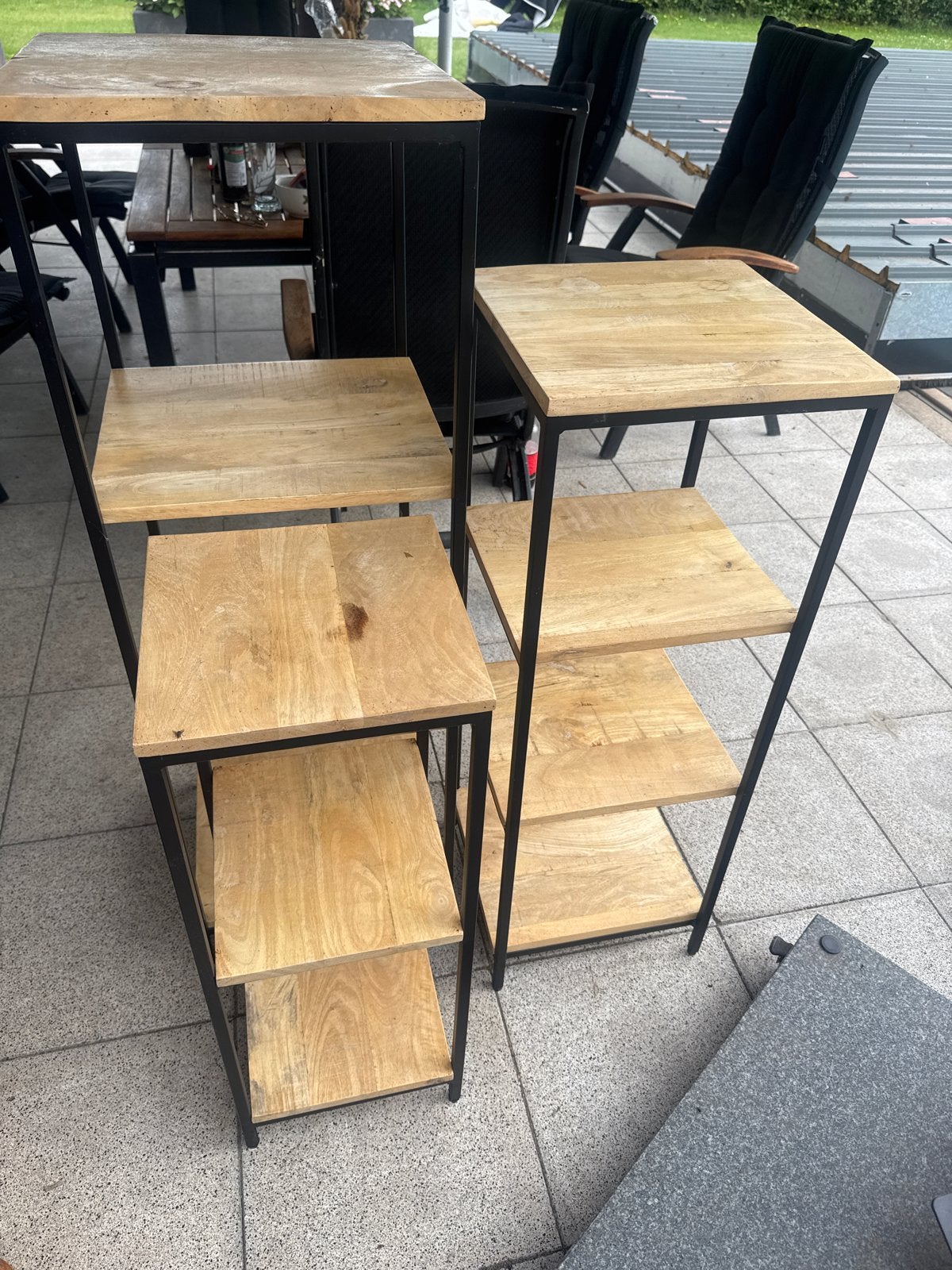 Set van 3 industriële houten en metalen plantenstandaards, Ophalen, Gebruikt