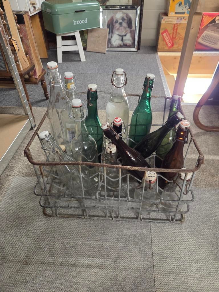 Brocante vintage flessenhouder, flessenkrat met flessen, Ophalen