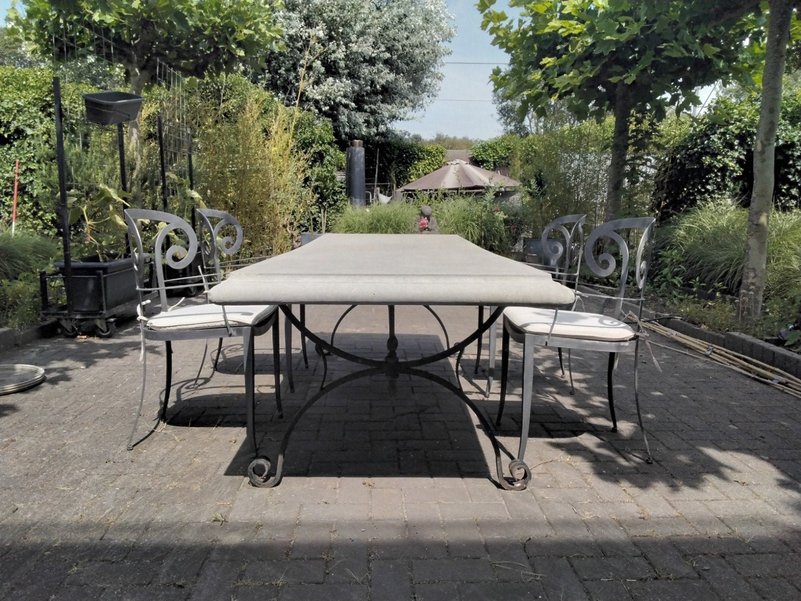 Klassieke tuinset: tafel (2.40x0.90m) + 4 aluminium stoel, Ophalen