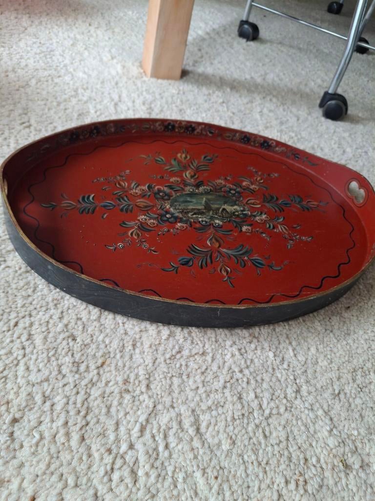 Antiek beschilderd dienblad, rood met bloemmotief, Ophalen