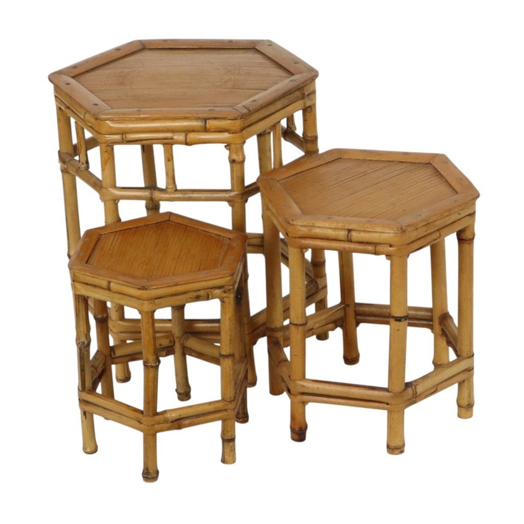 Vintage Set van 3 Bamboe en Rotan Bijzettafels Boho, Huis en Inrichting, 45 tot 60 cm, Minder dan 55 cm, Gebruikt, Boho