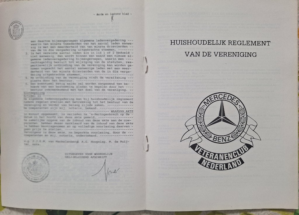 Gratis Mercedes Veteranen Club Huishoudelijk regelement 1991, Ophalen, Zo goed als nieuw