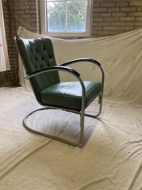 Vintage Gispen 412 GE Mat Chroom Jaren '50 Fauteuil Groen, Ophalen, Vintage Design Klassieker, Minder dan 75 cm, Gispen Culemborg